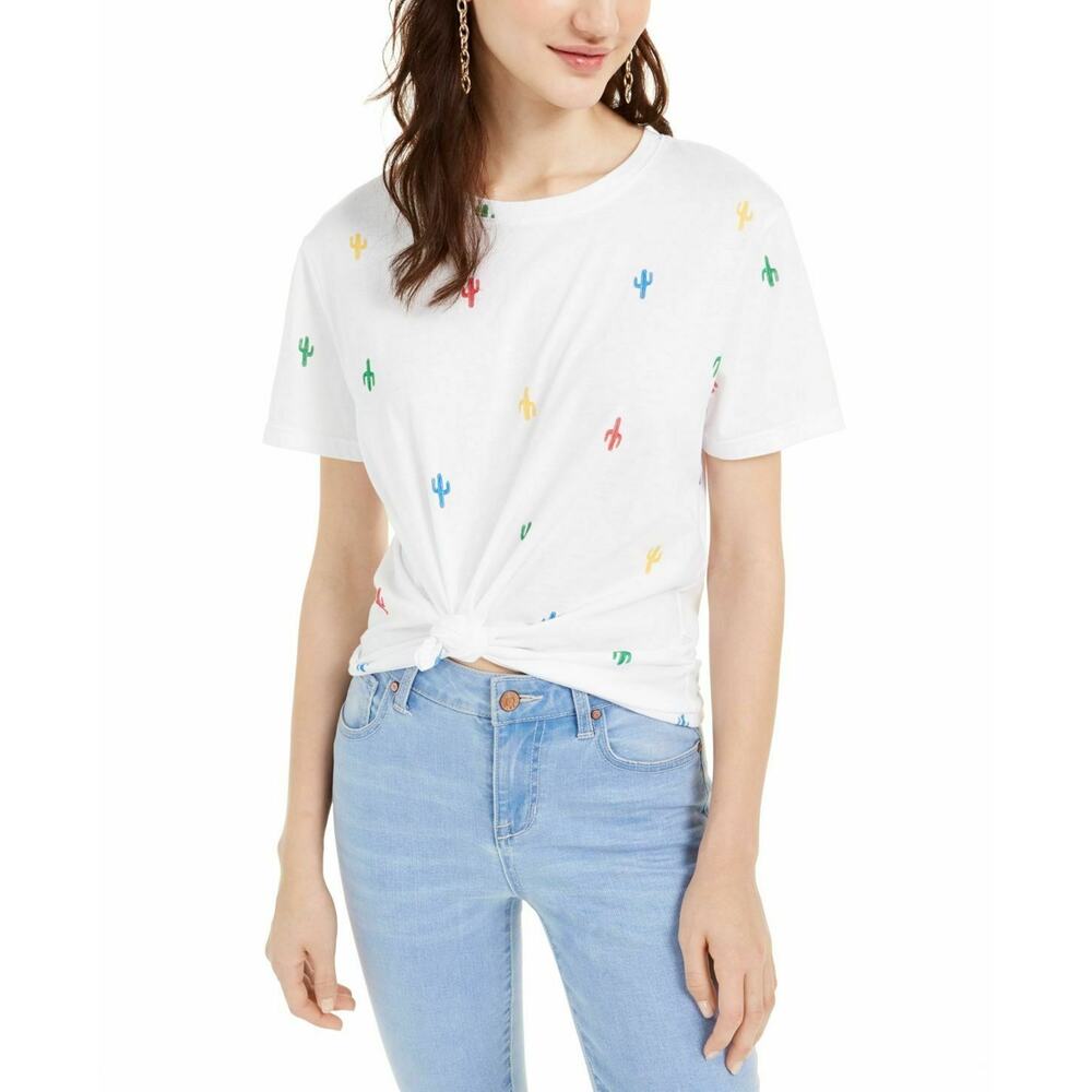 Rebellious One T-Shirt Top Short Sleeve Scoop Neck White Cactus Print X-Large